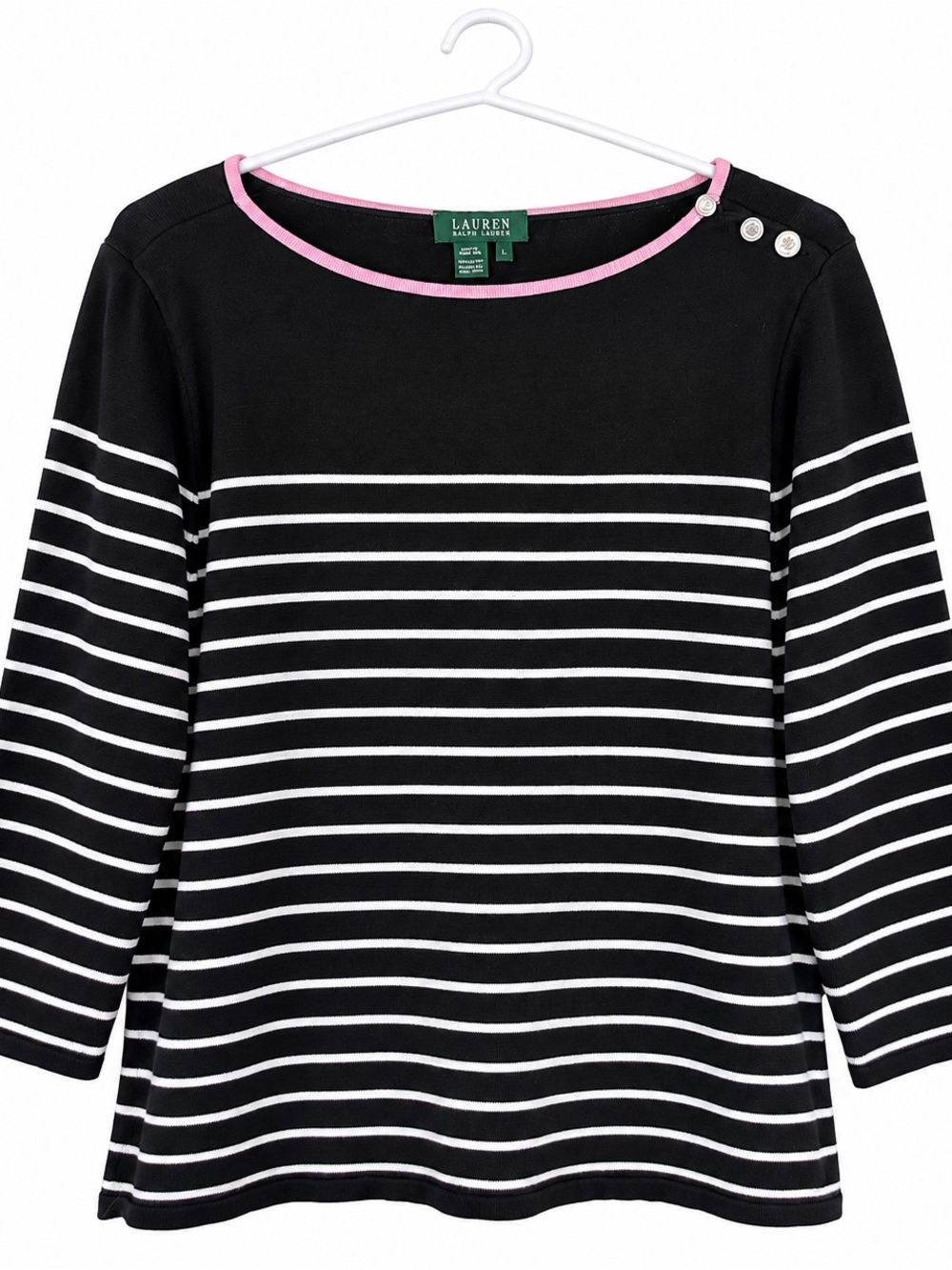 Ralph Lauren Women’s Black & White Striped Top with Pink Trim, XL